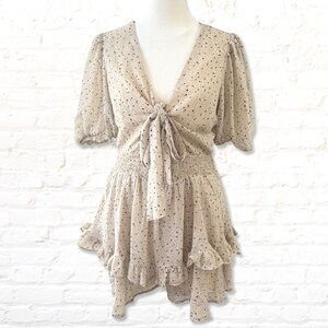 French Kiss Beige Black Speckle Chiffon Tie-Front Cut-Out Short Romper Medium